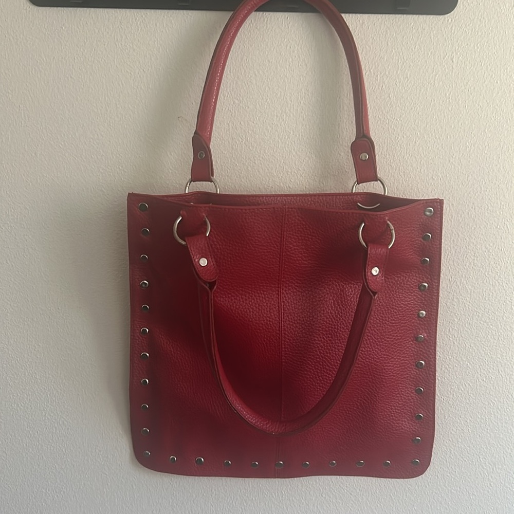. Blanco Red Polyester Silver Studs 2 Handle Top Zipper Tote